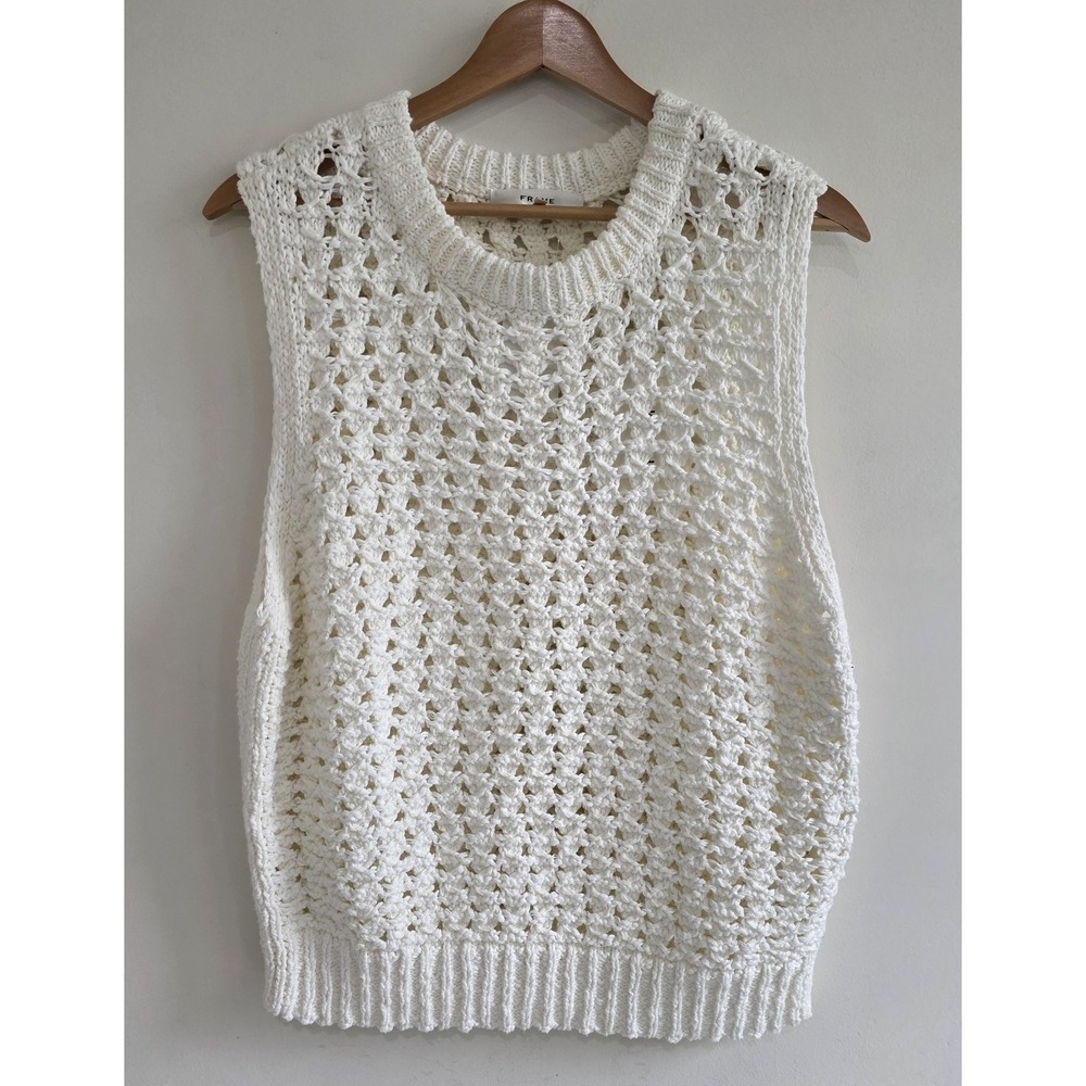 NWT FRAME Tape Yarn Sweater Vest Women Large Cream Open Knit Cotton OP26KSW001